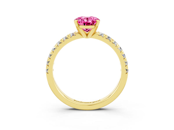 Yellow gold Oval Cut Pink Sapphire Solitaire Pavé Engagement Ring with Round Band and Prong Setting