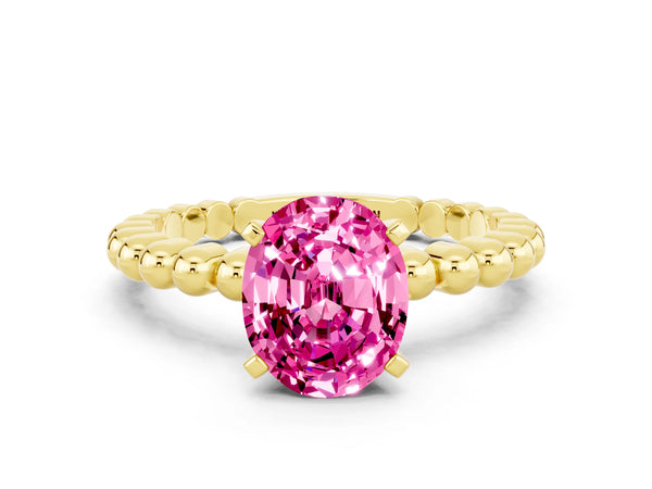 Yellow gold Oval Cut Pink Sapphire Solitaire Ring with Beaded Band and Prong Setting