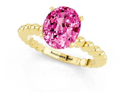 Yellow gold Oval Cut Pink Sapphire Solitaire Ring with Beaded Band and Prong Setting_1