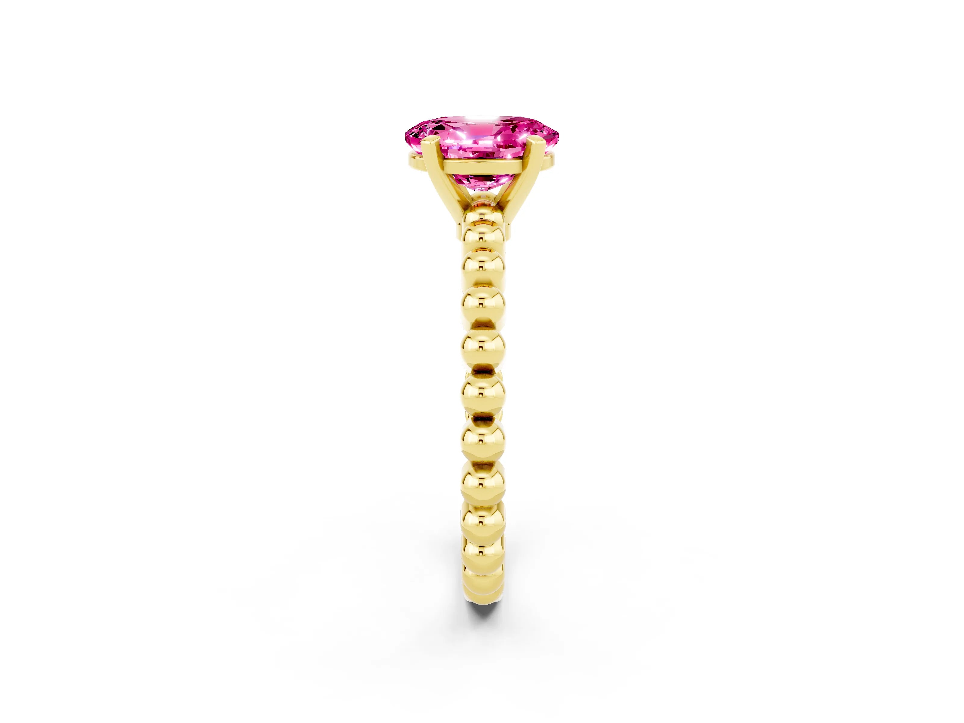 Yellow gold Oval Cut Pink Sapphire Solitaire Ring with Beaded Band and Prong Setting_2