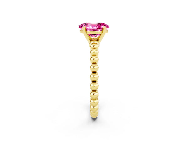 Yellow gold Oval Cut Pink Sapphire Solitaire Ring with Beaded Band and Prong Setting