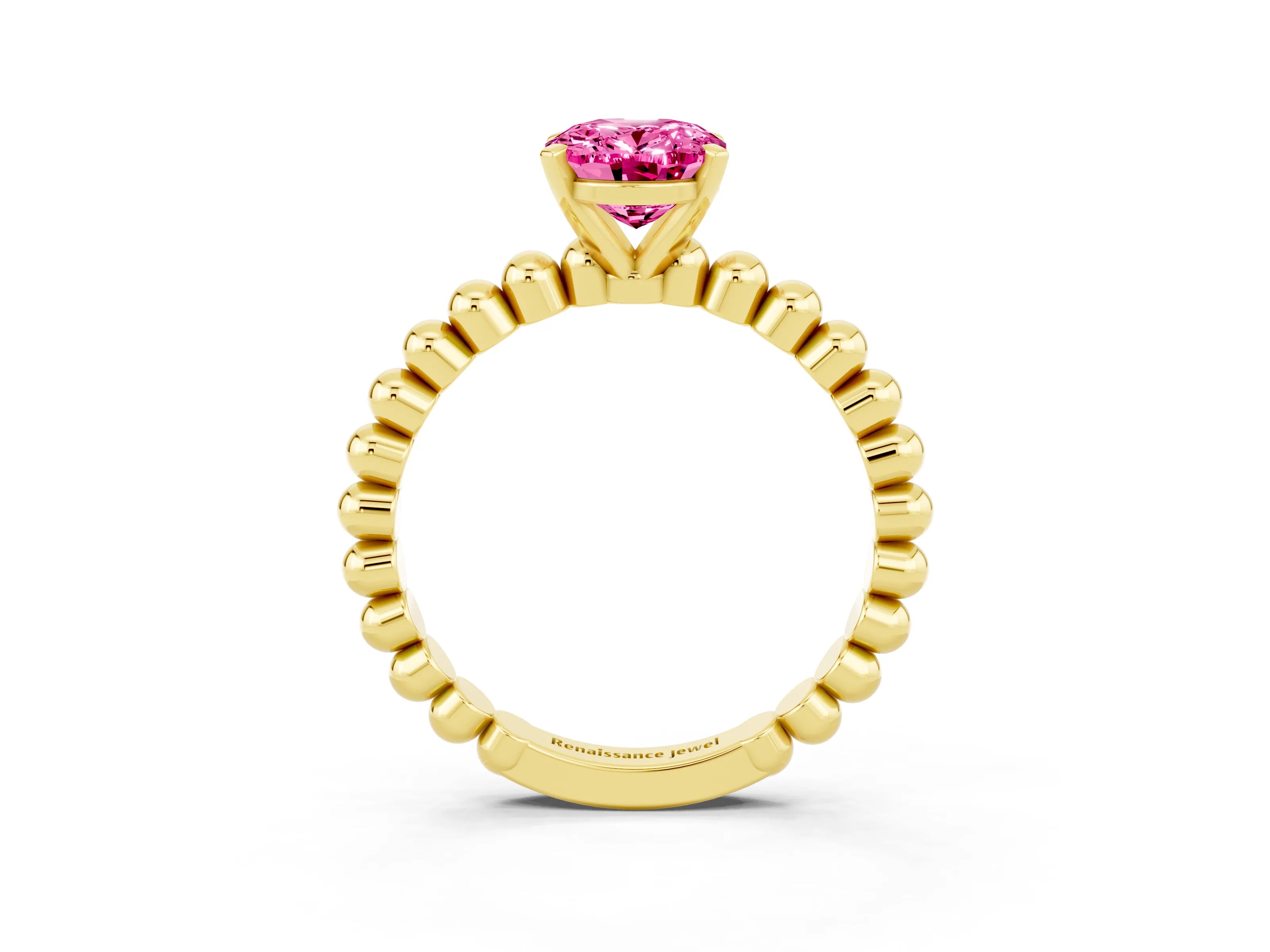 Yellow gold Oval Cut Pink Sapphire Solitaire Ring with Beaded Band and Prong Setting_3