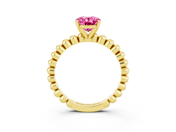Yellow gold Oval Cut Pink Sapphire Solitaire Ring with Beaded Band and Prong Setting