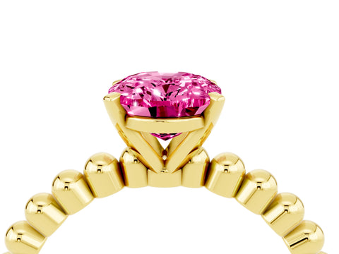 Yellow gold Oval Cut Pink Sapphire Solitaire Ring with Beaded Band and Prong Setting_4