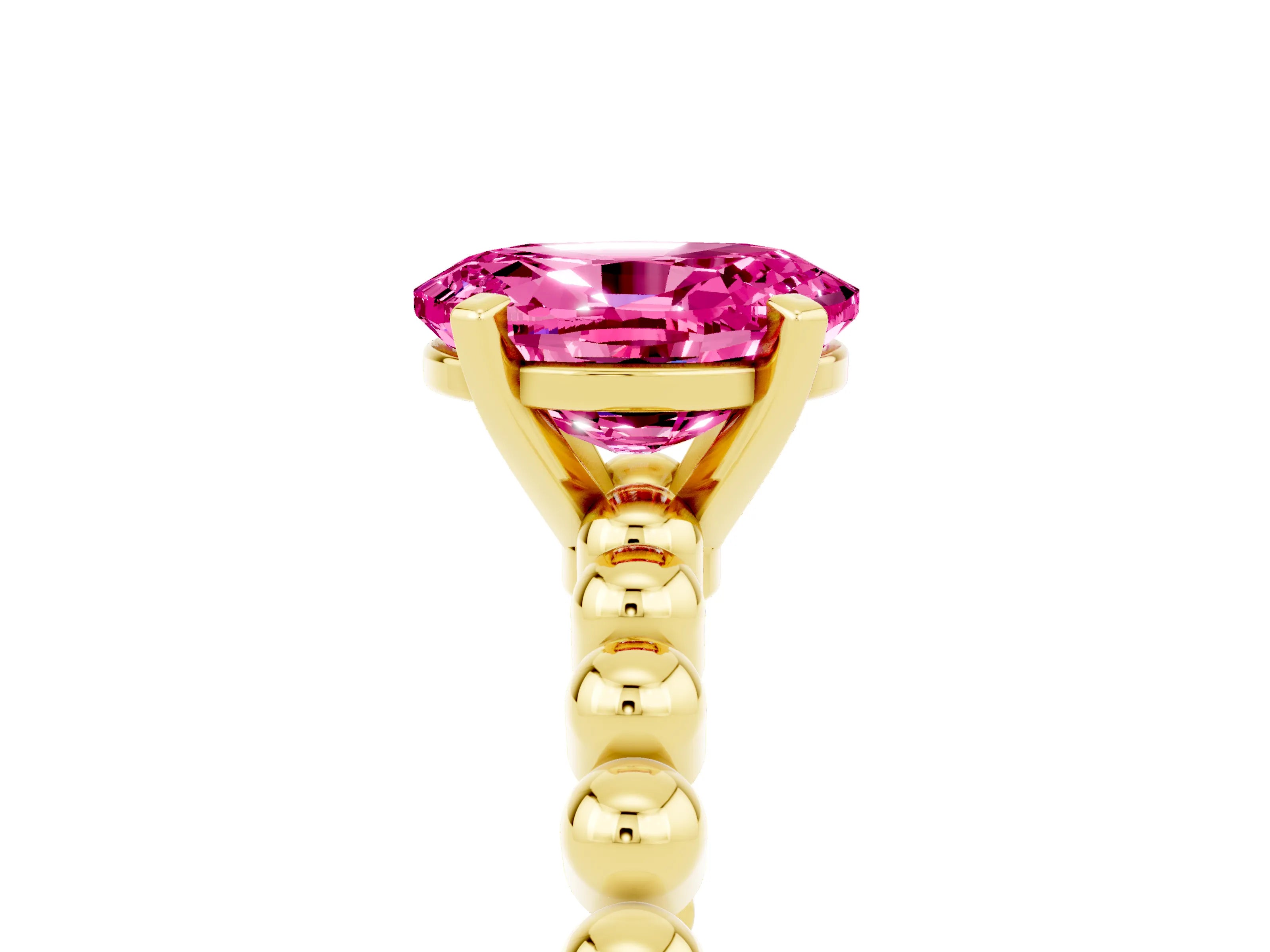 Yellow gold Oval Cut Pink Sapphire Solitaire Ring with Beaded Band and Prong Setting_5