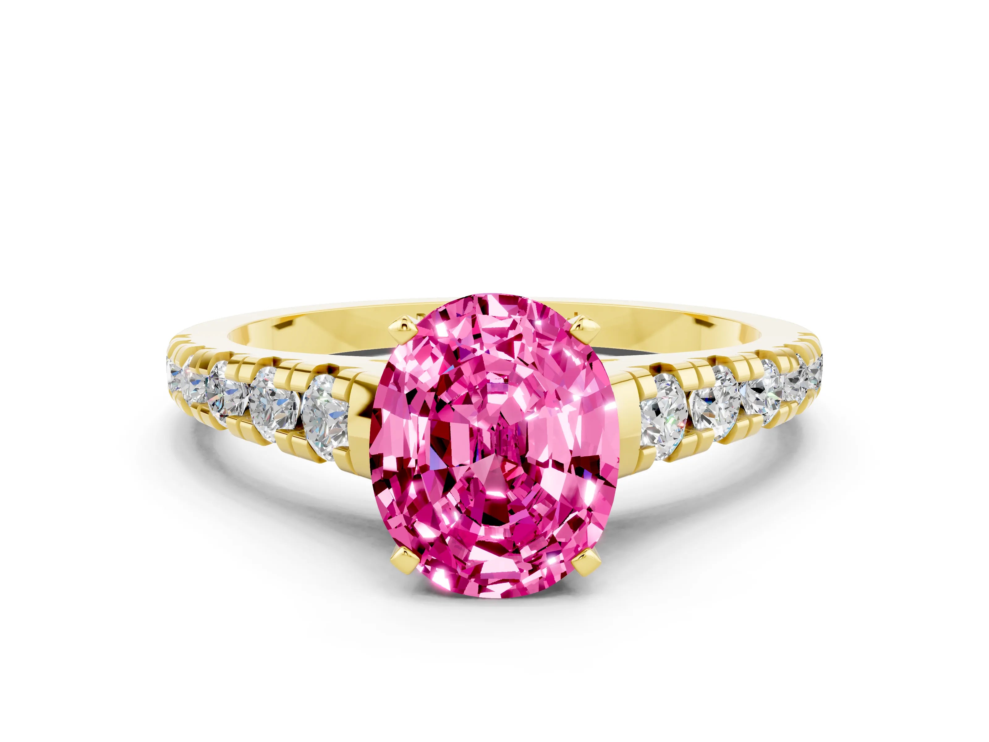 Yellow gold Oval Cut Pink Sapphire Solitaire Ring with Cathedral Setting and Pavé Band_24