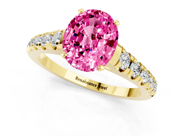 Yellow gold Oval Cut Pink Sapphire Cathedral Solitaire Ring with Round  Pavé Band