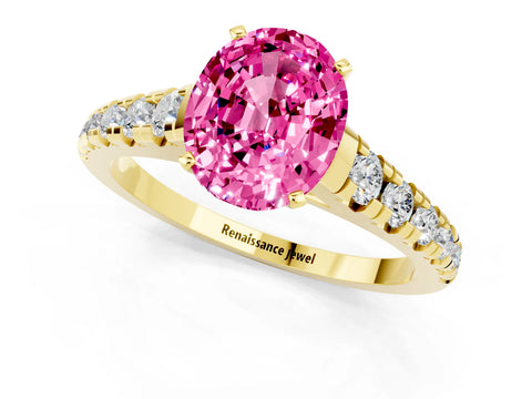 Yellow gold Oval Cut Pink Sapphire Solitaire Ring with Cathedral Setting and Pavé Band_25