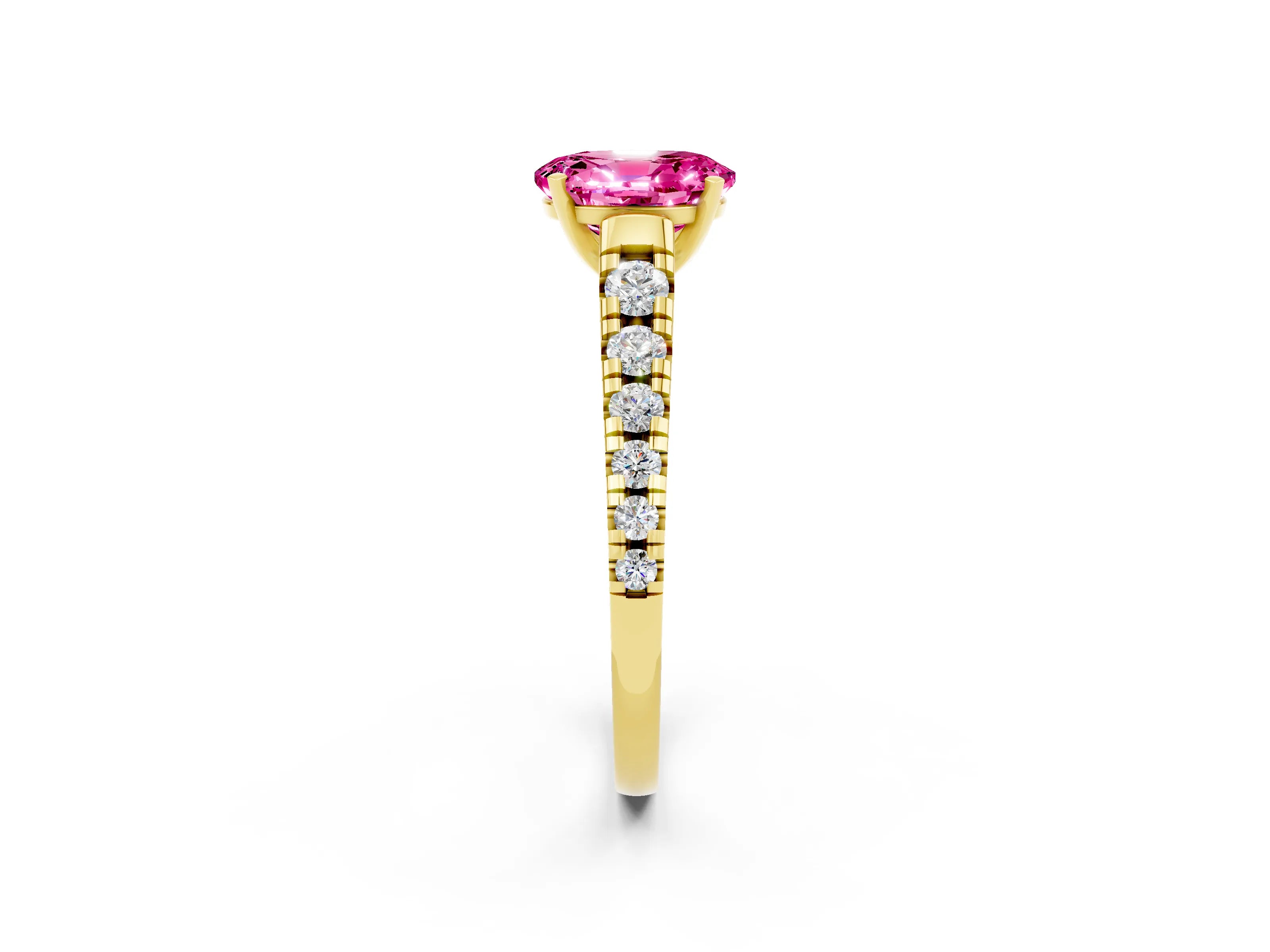 Yellow gold Oval Cut Pink Sapphire Solitaire Ring with Cathedral Setting and Pavé Band_26