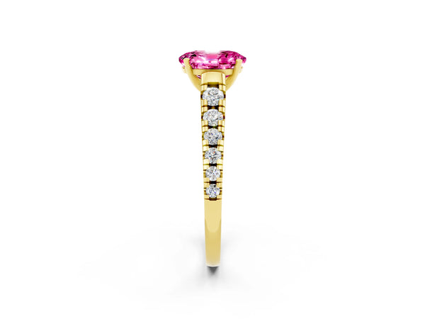 Yellow gold Oval Cut Pink Sapphire Cathedral Solitaire Ring with Round  Pavé Band