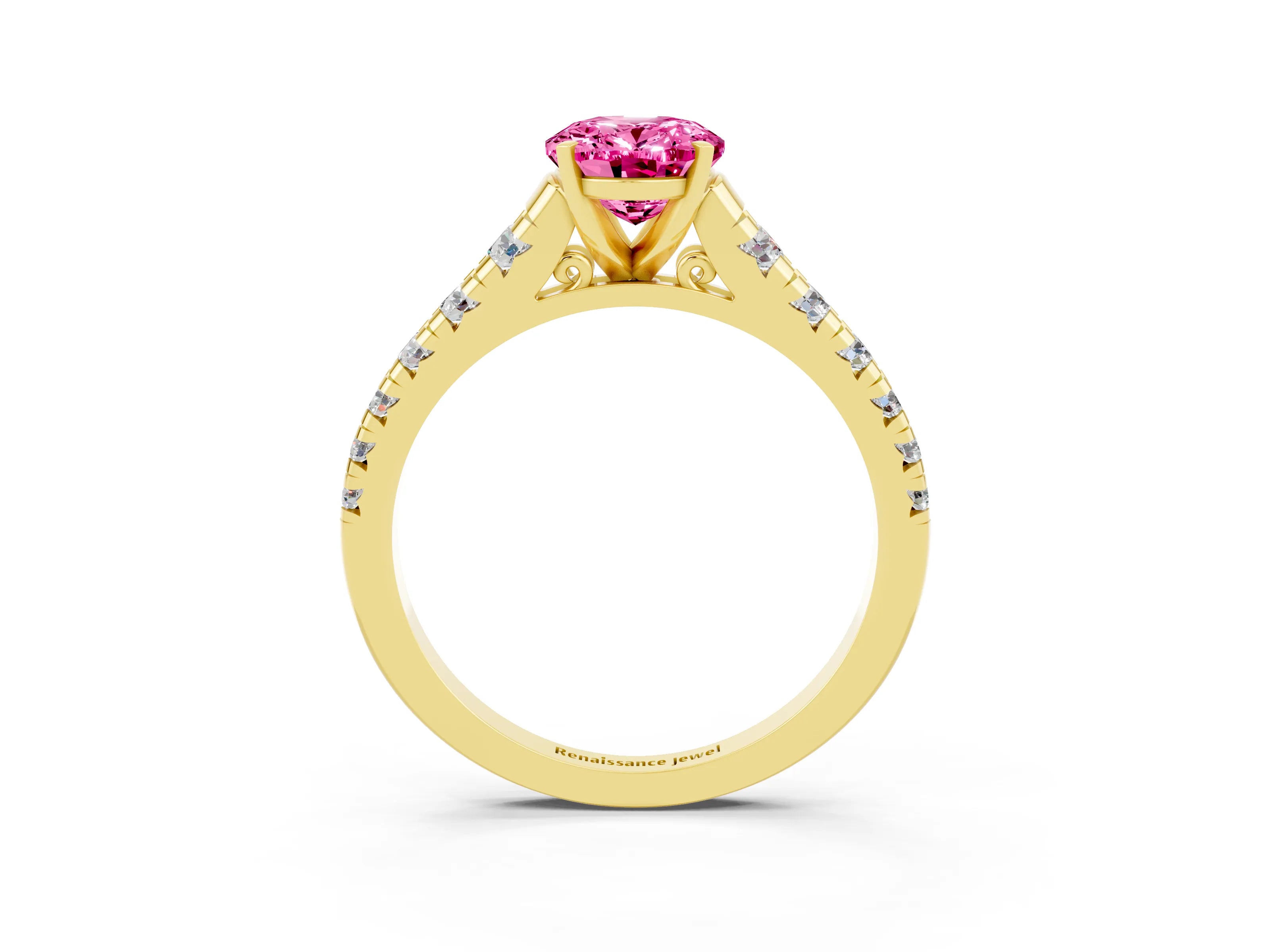 Yellow gold Oval Cut Pink Sapphire Solitaire Ring with Cathedral Setting and Pavé Band_27