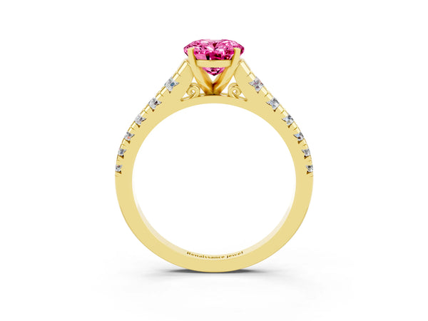 Yellow gold Oval Cut Pink Sapphire Cathedral Solitaire Ring with Round  Pavé Band