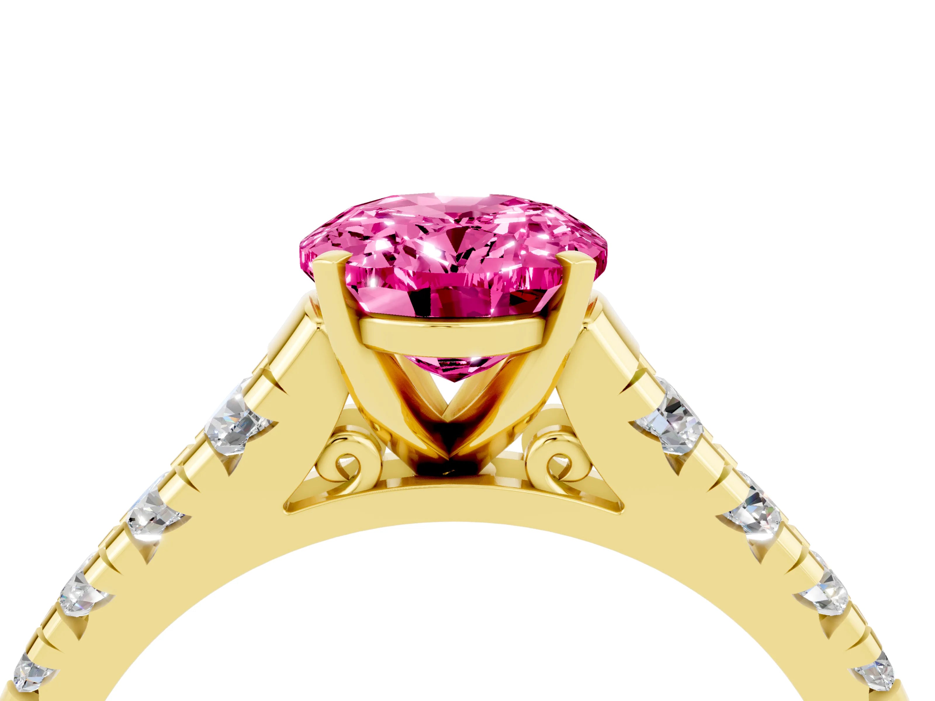 Yellow gold Oval Cut Pink Sapphire Solitaire Ring with Cathedral Setting and Pavé Band_28