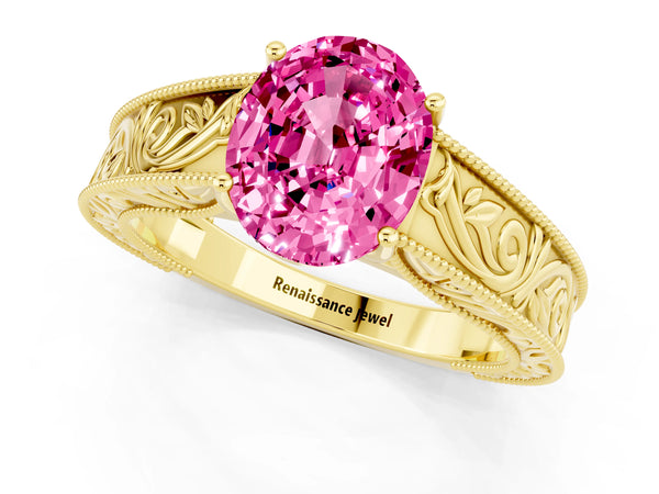 Yellow gold Oval Cut Pink Sapphire Solitaire Ring with Engraved Band and Four-Prong Setting