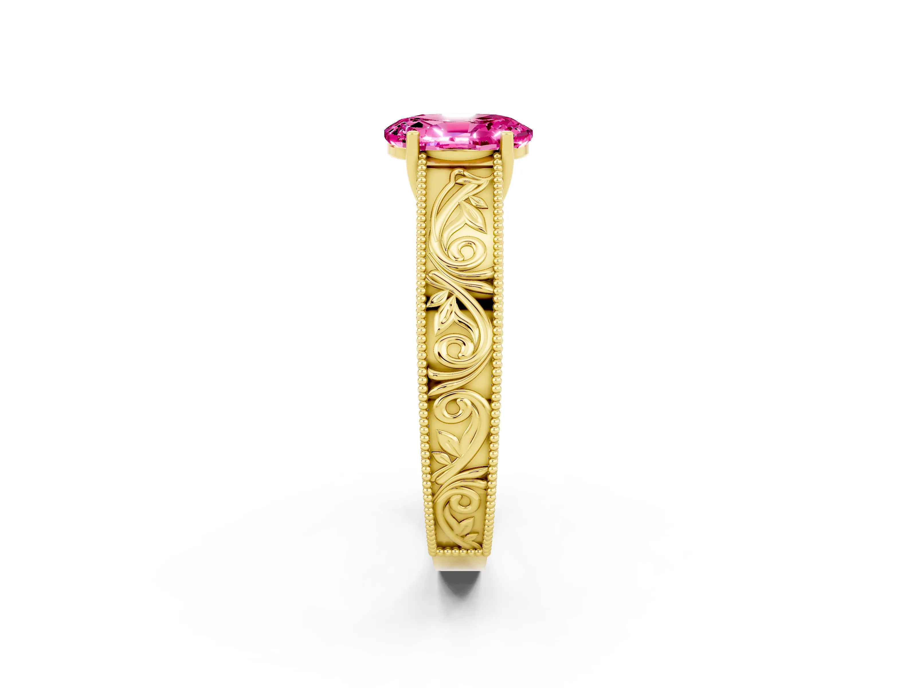 Yellow gold Oval Cut Pink Sapphire Solitaire Ring with Engraved Band and Four-Prong Setting_2