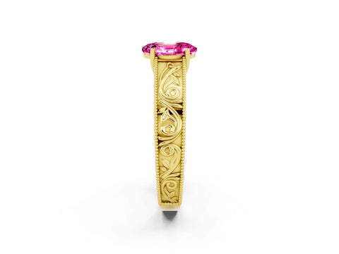 Yellow gold Oval Cut Pink Sapphire Solitaire Ring with Engraved Band and Four-Prong Setting_2