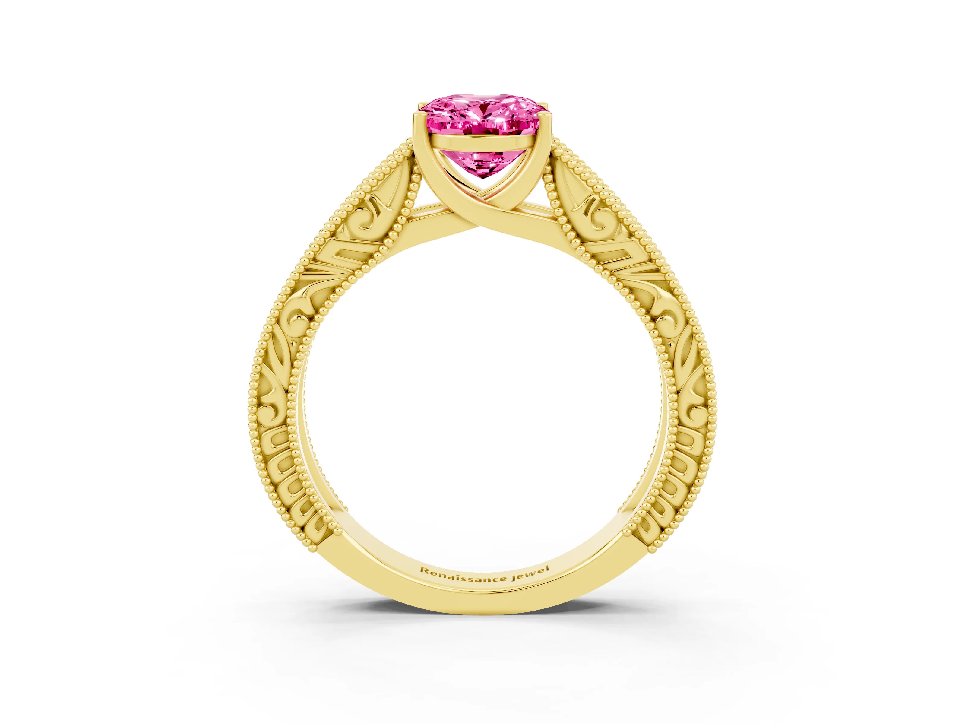 Yellow gold Oval Cut Pink Sapphire Solitaire Ring with Engraved Band and Four-Prong Setting_3