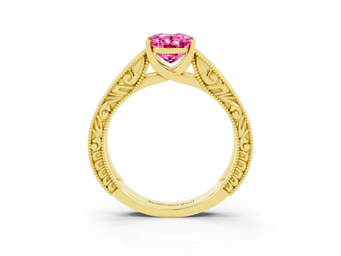 Yellow gold Oval Cut Pink Sapphire Solitaire Ring with Engraved Band and Four-Prong Setting_3