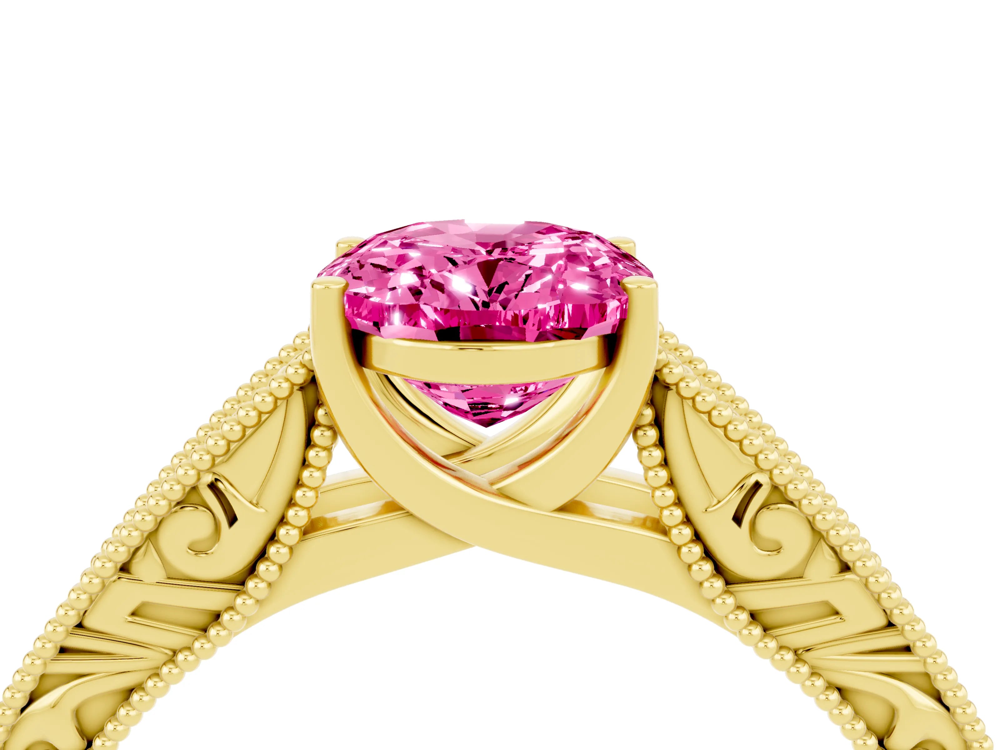 Yellow gold Oval Cut Pink Sapphire Solitaire Ring with Engraved Band and Four-Prong Setting_4