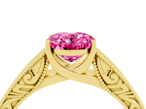 Yellow gold Oval Cut Pink Sapphire Solitaire Ring with Engraved Band and Four-Prong Setting_4