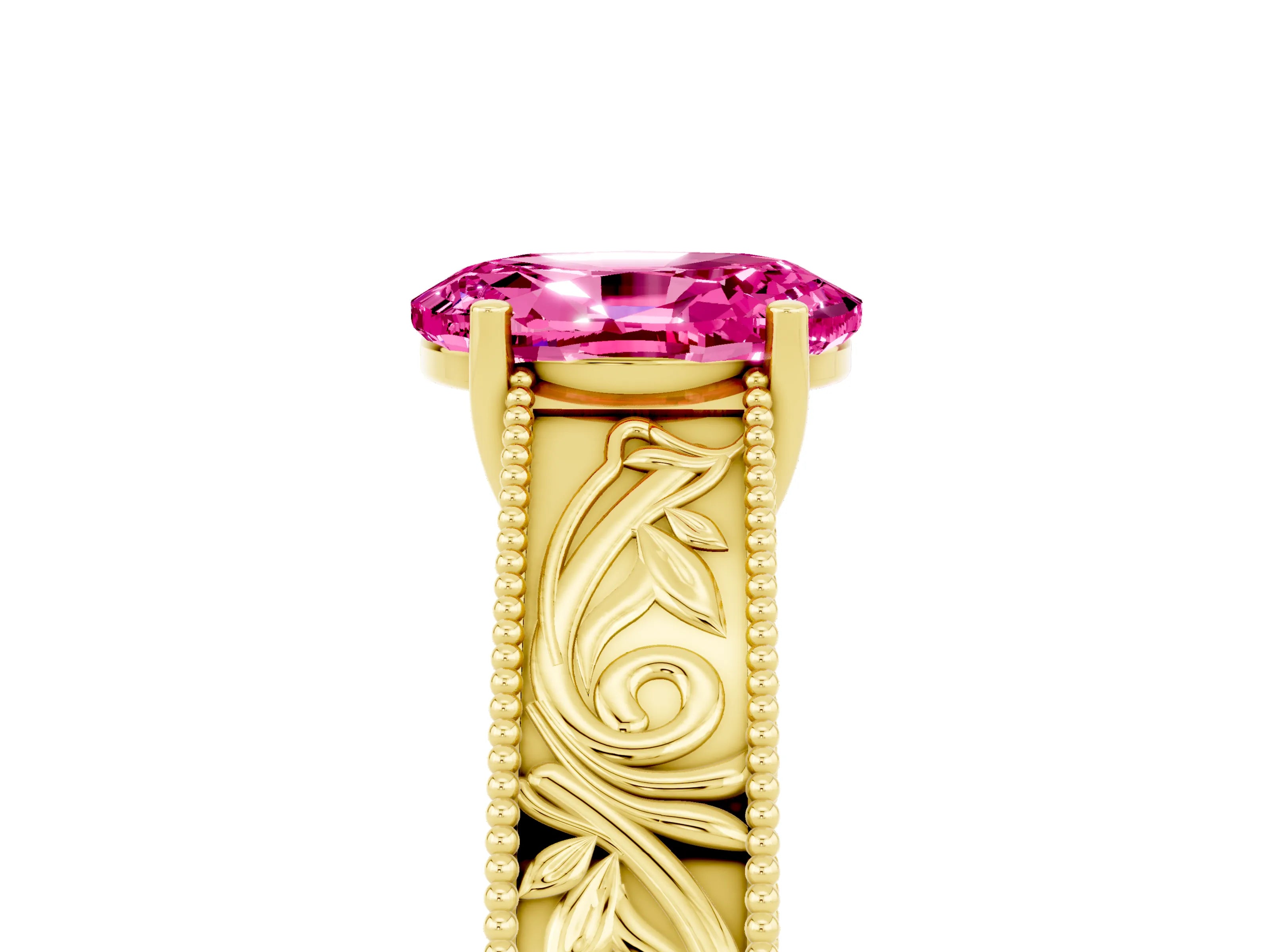 Yellow gold Oval Cut Pink Sapphire Solitaire Ring with Engraved Band and Four-Prong Setting_5