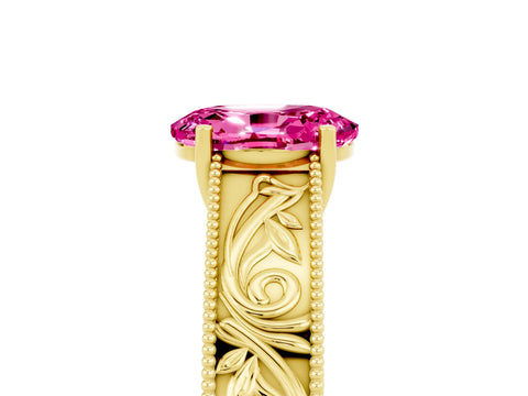 Yellow gold Oval Cut Pink Sapphire Solitaire Ring with Engraved Band and Four-Prong Setting_5