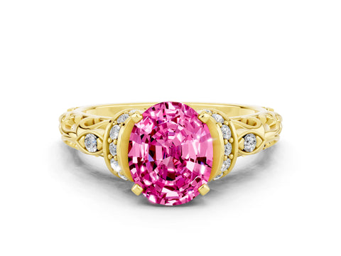 Yellow gold Oval Cut Pink Sapphire Solitaire Ring with Filigree Band and Four-Prong Setting_48