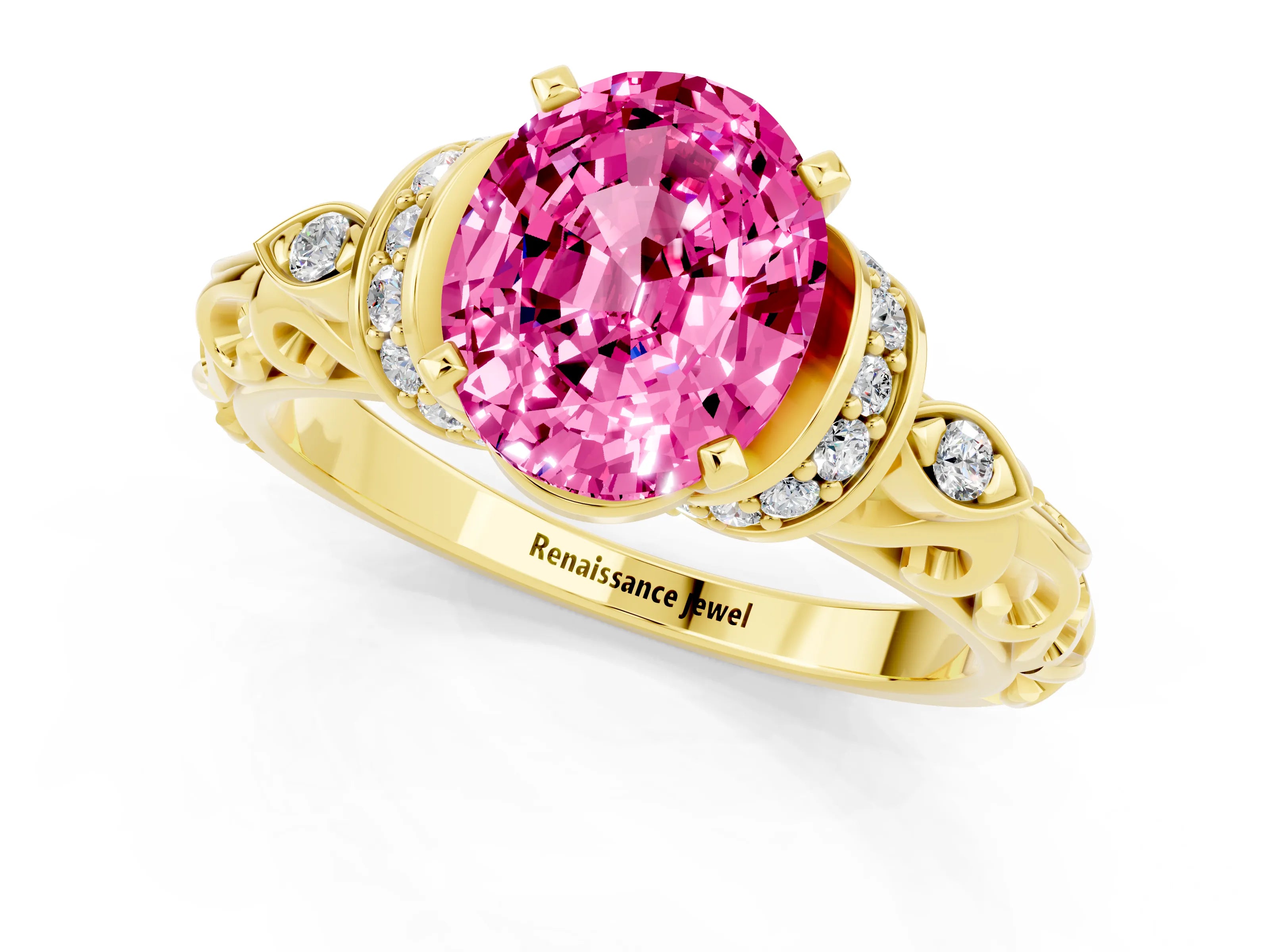 Yellow gold Oval Cut Pink Sapphire Solitaire Ring with Filigree Band and Four-Prong Setting_49