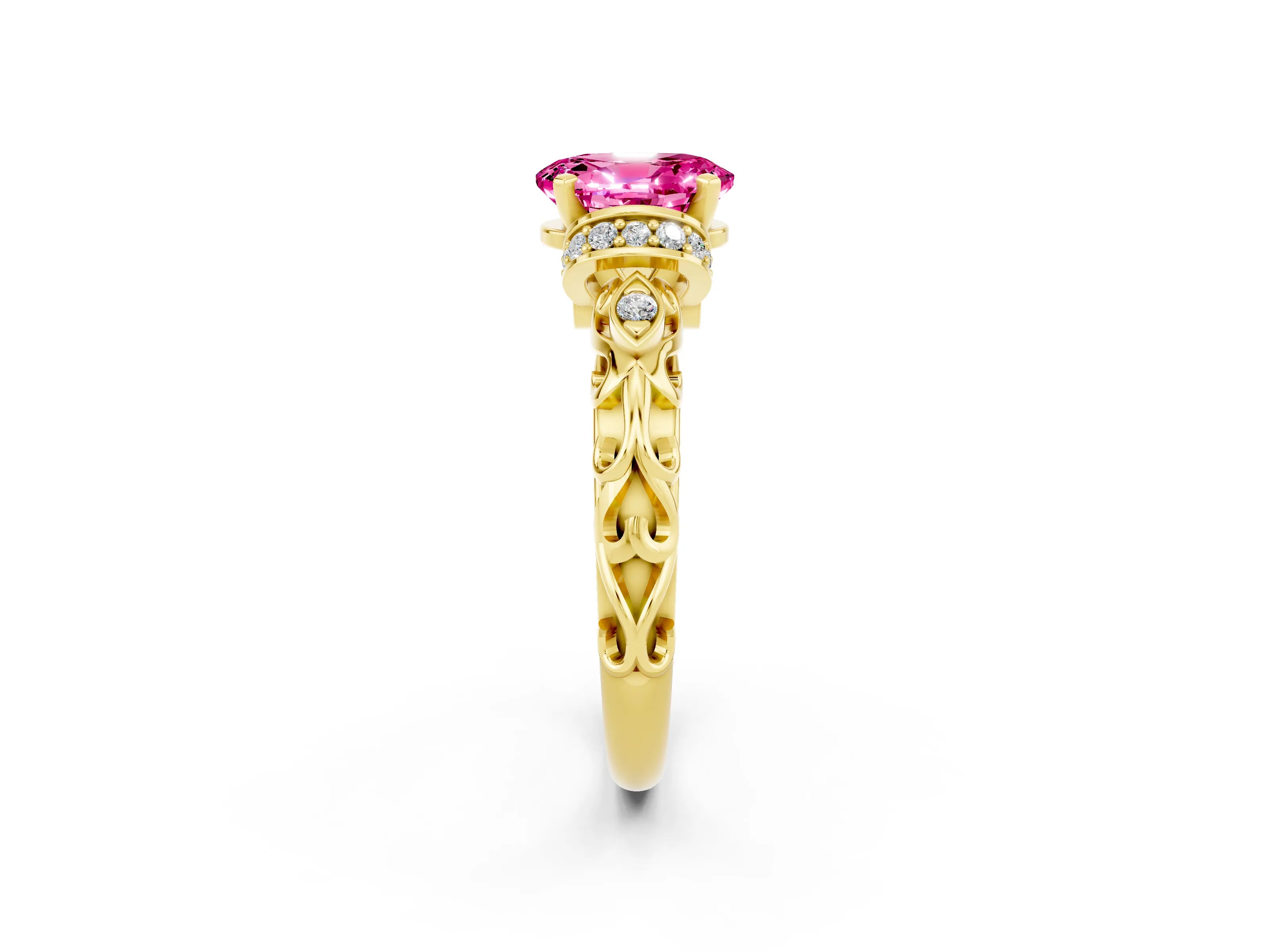 Yellow gold Oval Cut Pink Sapphire Solitaire Ring with Filigree Band and Four-Prong Setting_50
