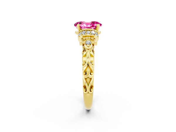 Yellow gold Oval Cut Pink Sapphire Solitaire Ring with Filigree Band and Four-Prong Setting