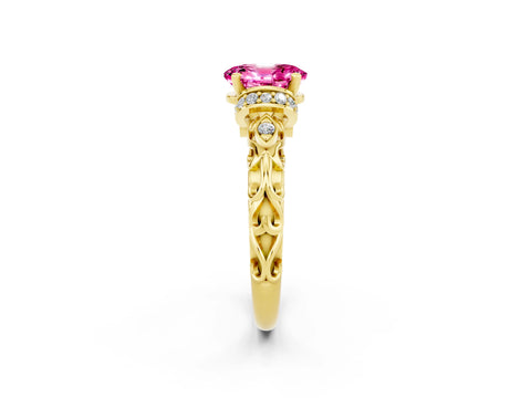 Yellow gold Oval Cut Pink Sapphire Solitaire Ring with Filigree Band and Four-Prong Setting_50