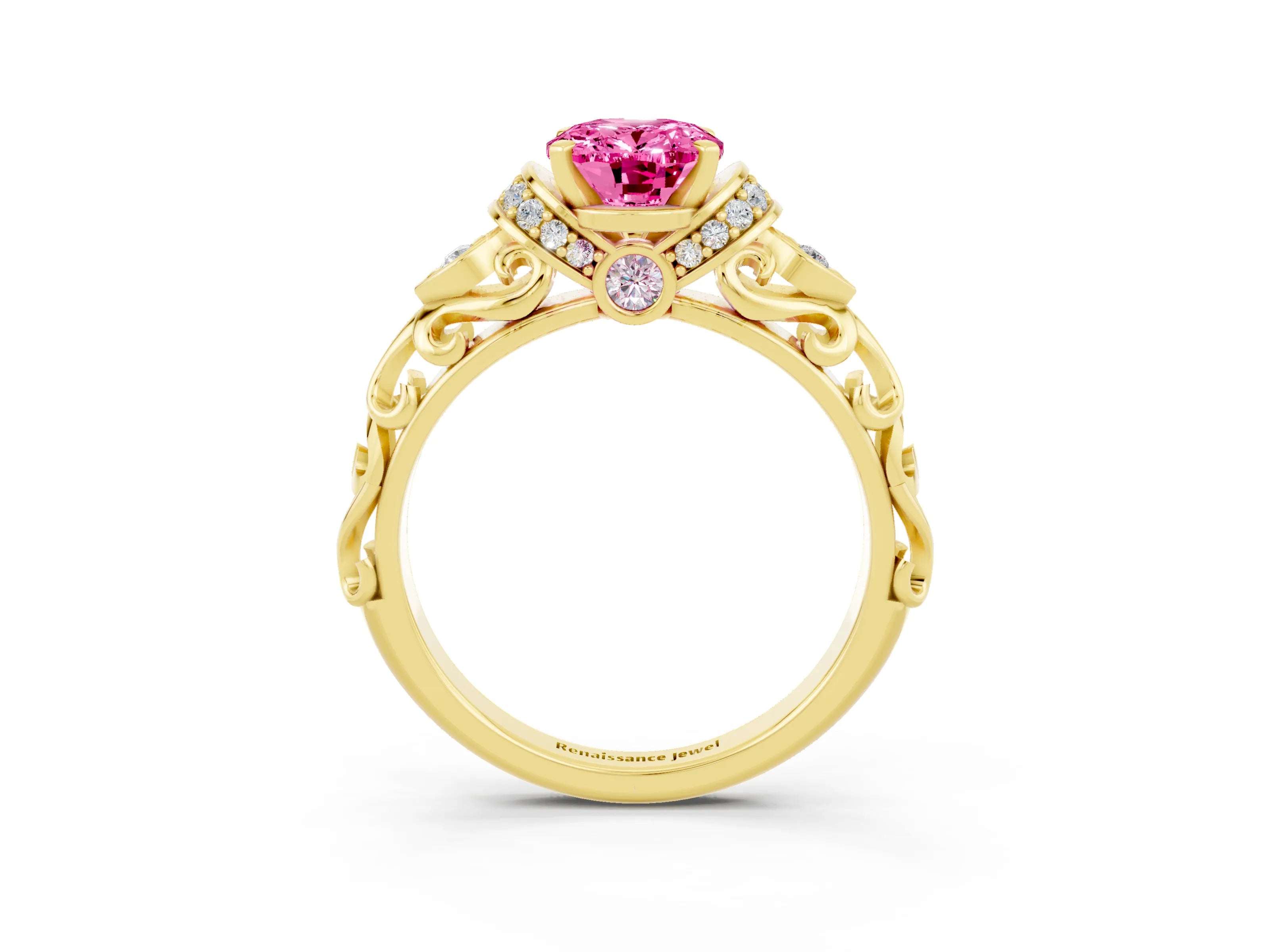 Yellow gold Oval Cut Pink Sapphire Solitaire Ring with Filigree Band and Four-Prong Setting_51
