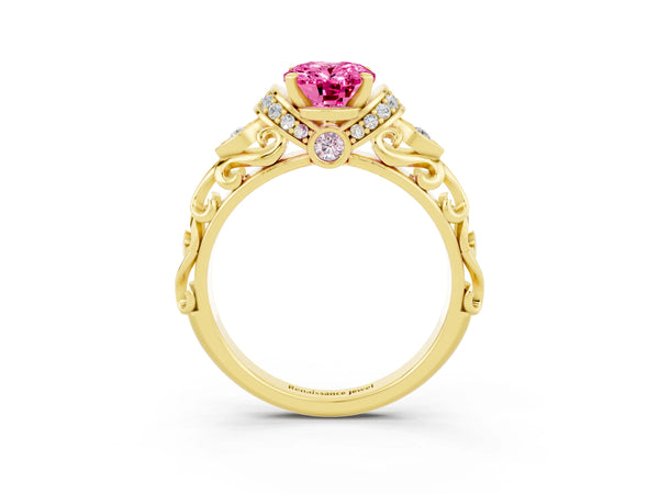 Yellow gold Oval Cut Pink Sapphire Solitaire Ring with Filigree Band and Four-Prong Setting