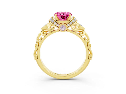 Yellow gold Oval Cut Pink Sapphire Solitaire Ring with Filigree Band and Four-Prong Setting_51
