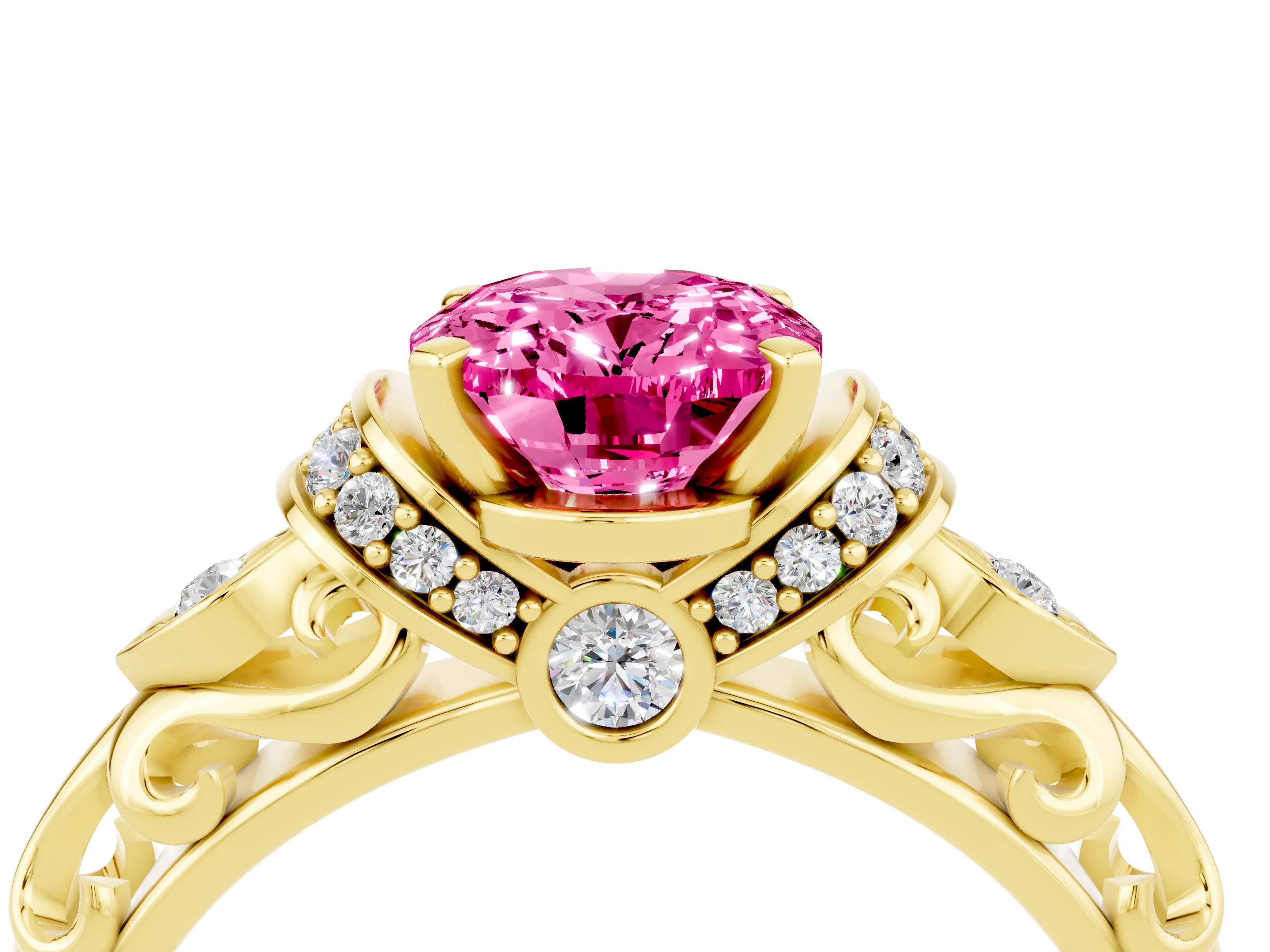 Yellow gold Oval Cut Pink Sapphire Solitaire Ring with Filigree Band and Four-Prong Setting_52