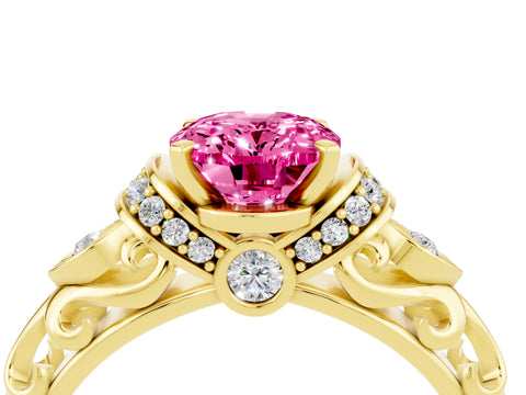 Yellow gold Oval Cut Pink Sapphire Solitaire Ring with Filigree Band and Four-Prong Setting_52