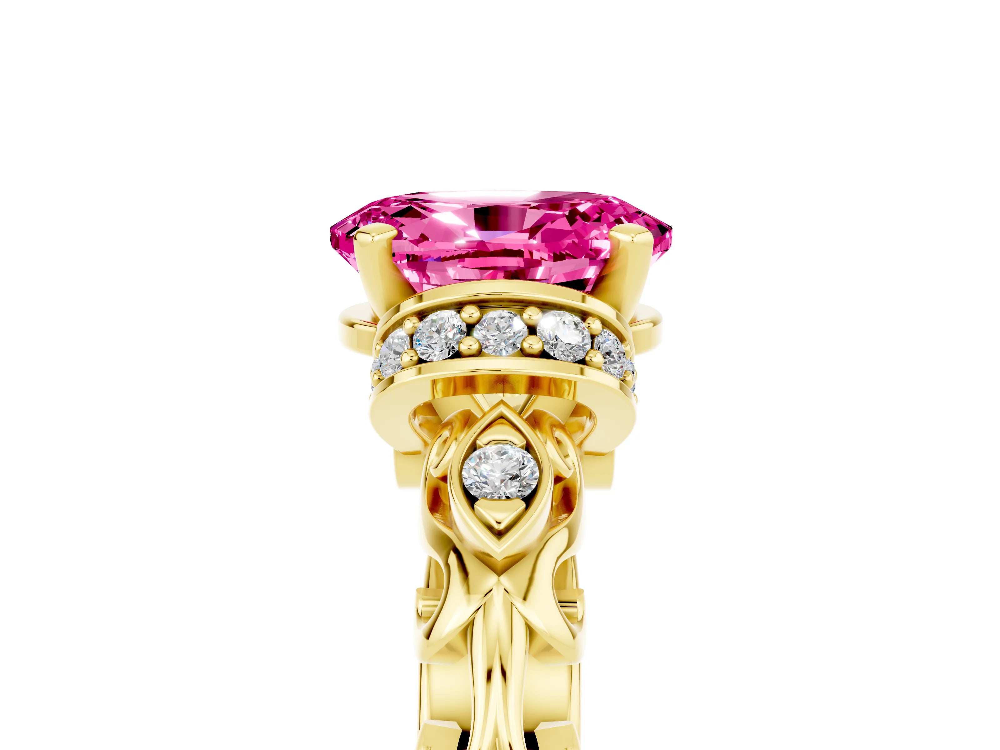 Yellow gold Oval Cut Pink Sapphire Solitaire Ring with Filigree Band and Four-Prong Setting_53
