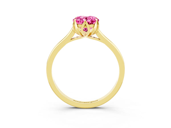 Yellow gold Oval Cut Pink Sapphire Solitaire Ring with Flower Prong Setting and Classic Band