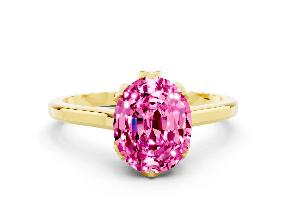 Yellow gold Oval Cut Pink Sapphire Solitaire Ring with Flower Prong Setting and Classic Band_36