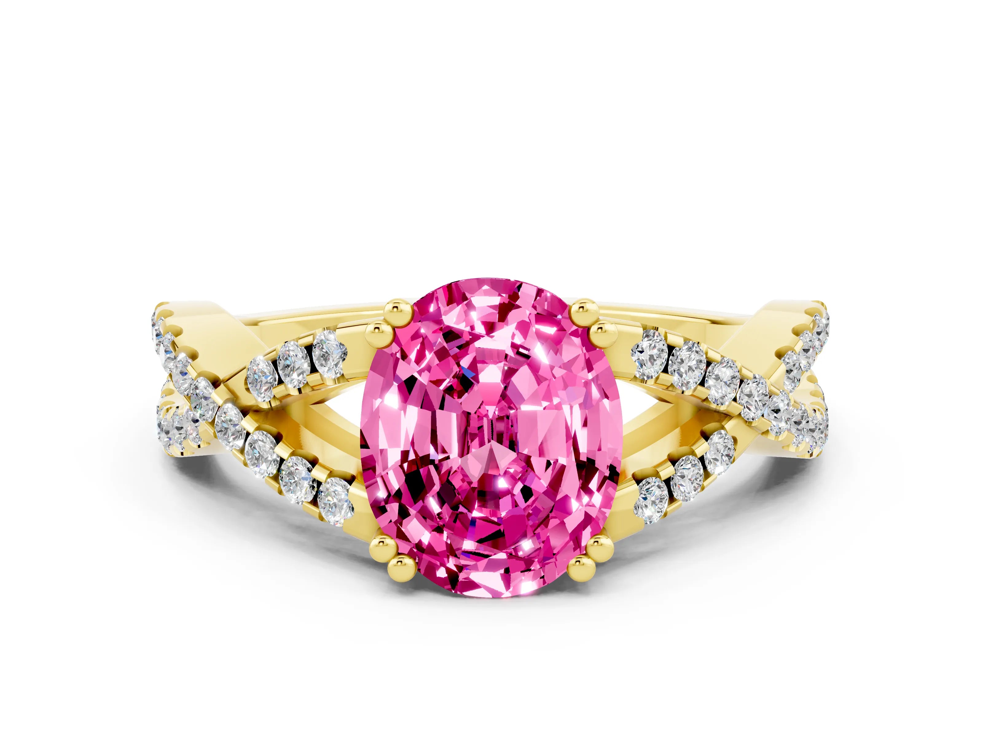 Yellow gold Oval Cut Pink Sapphire Solitaire Ring with Four-Prong Setting and Twisted Pavé Band_12