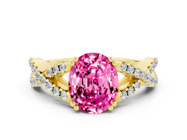 Yellow gold Oval Cut Pink Sapphire Solitaire Ring with Four-Prong Setting and Twisted Pavé Band