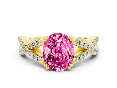 Yellow gold Oval Cut Pink Sapphire Solitaire Ring with Four-Prong Setting and Twisted Pavé Band_12