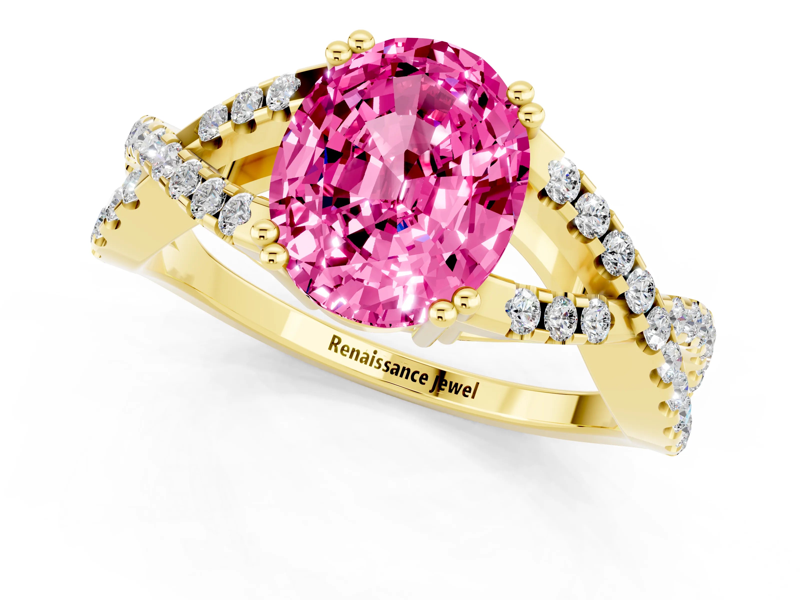 Yellow gold Oval Cut Pink Sapphire Solitaire Ring with Four-Prong Setting and Twisted Pavé Band_13