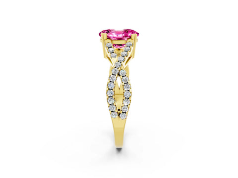 Yellow gold Oval Cut Pink Sapphire Solitaire Ring with Four-Prong Setting and Twisted Pavé Band_14