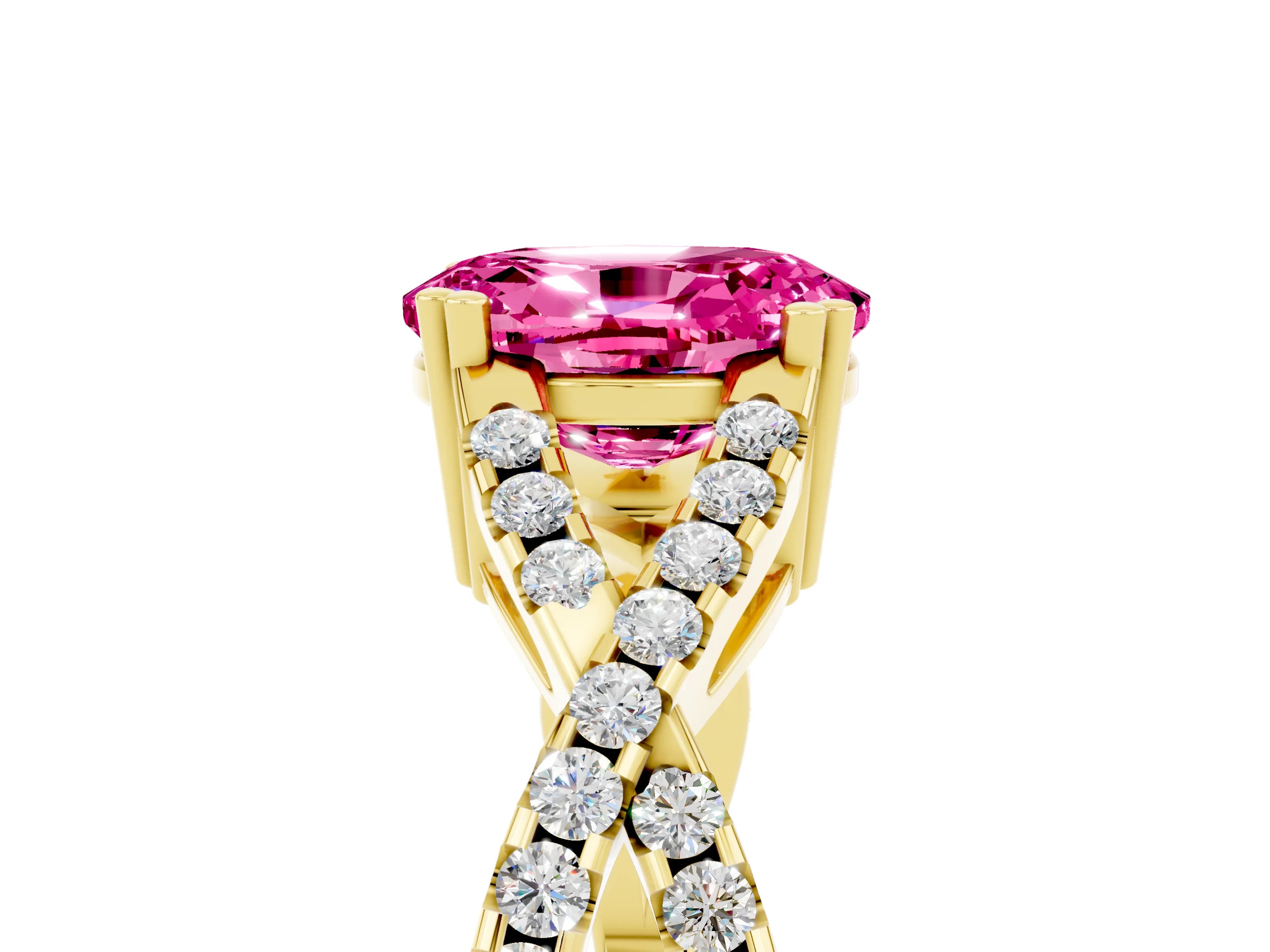 Yellow gold Oval Cut Pink Sapphire Solitaire Ring with Four-Prong Setting and Twisted Pavé Band_17