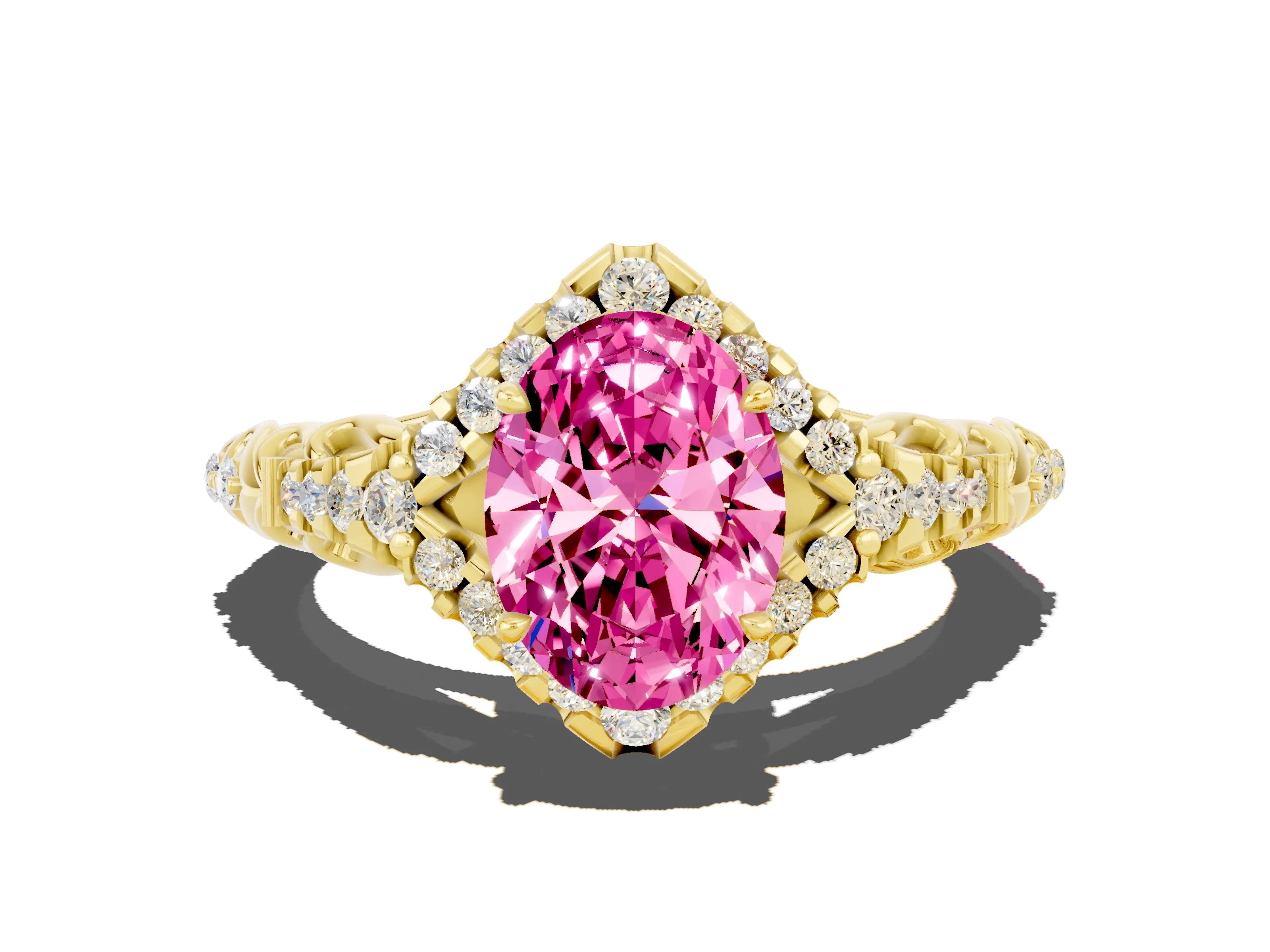 Yellow gold Oval Cut Pink Sapphire Solitaire Ring with Hidden Halo and Pavé Band_12