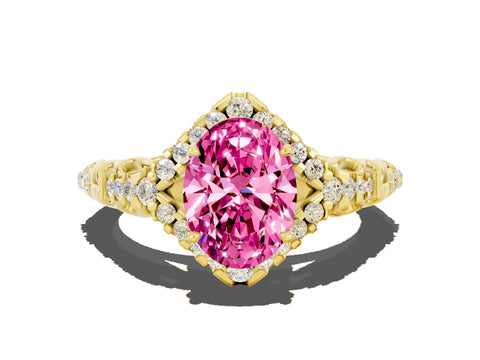 Yellow gold Oval Cut Pink Sapphire Solitaire Ring with Hidden Halo and Pavé Band_12