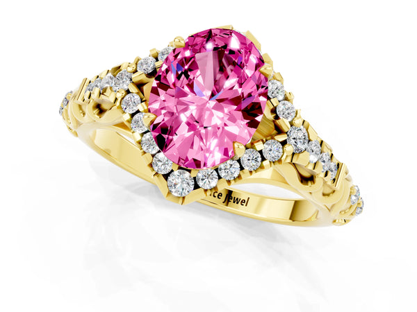 Yellow gold Oval Cut Pink Sapphire Solitaire Ring with Hidden Halo and Pavé Band