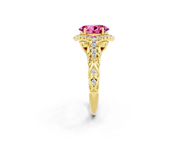 Yellow gold Oval Cut Pink Sapphire Solitaire Ring with Hidden Halo and Pavé Band