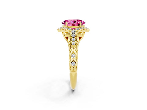 Yellow gold Oval Cut Pink Sapphire Solitaire Ring with Hidden Halo and Pavé Band_14